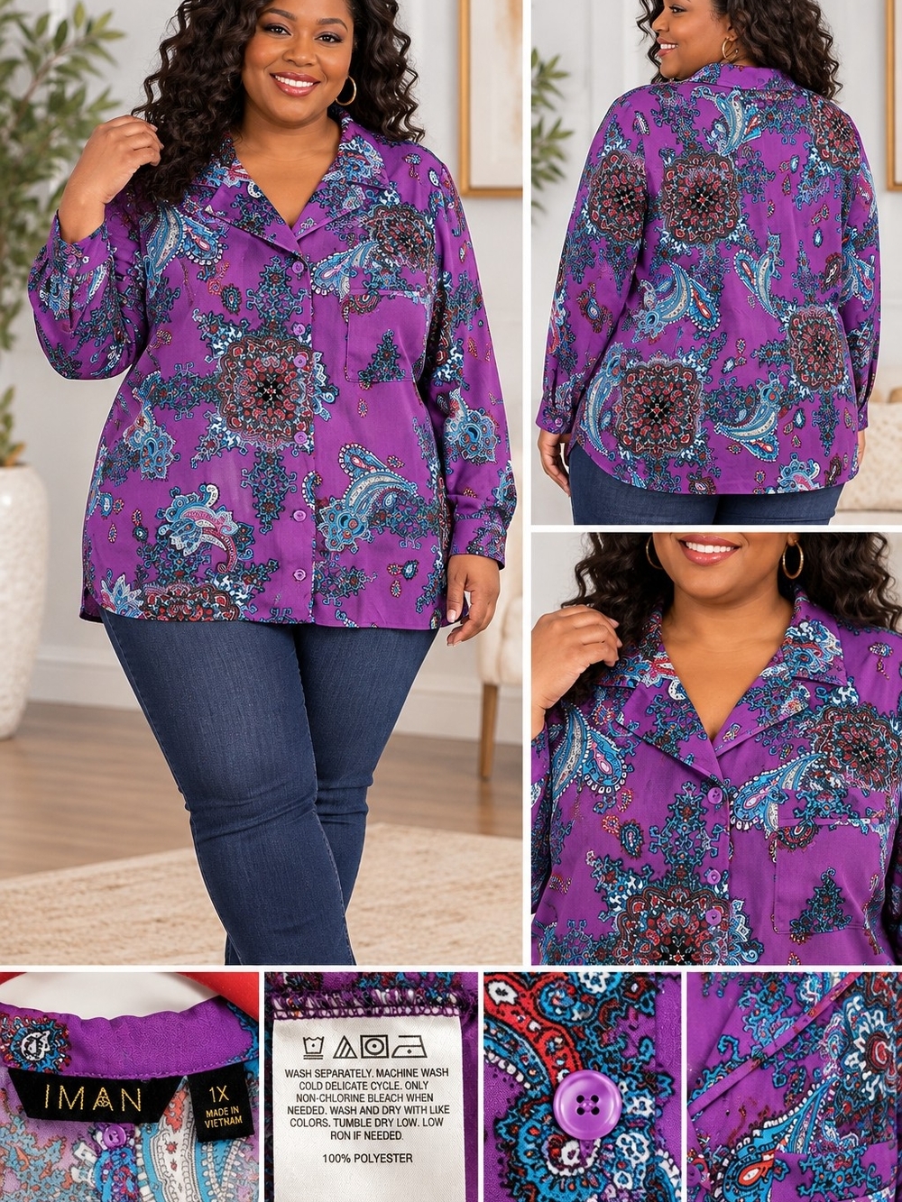 IMAN 1X Purple Paisley Button Front Long Sleeve Blouse Tunic